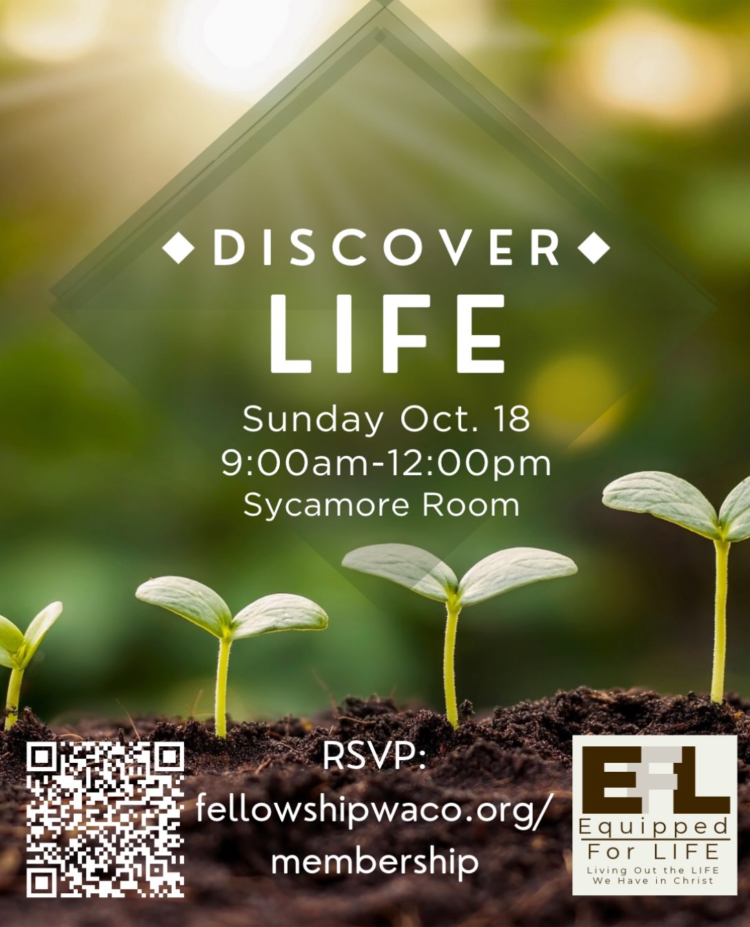 Reminder: There’s still time to sign up for this Sunday’s Discover LIFE class! It’s the first step toward membership, but attending the class does not obligate you to become a member. Join us and learn from our pastors what we believe and our mission and vision. Meet Ministry leaders, and discover practical ways to connect, grow, serve, and build relationships. Plan to join us this Sunday, October 18, from 9:00am - 12:00 p.m. as we discover LIFE together! Please register at: fellowshipwaco.org/membership or scan the QR code!