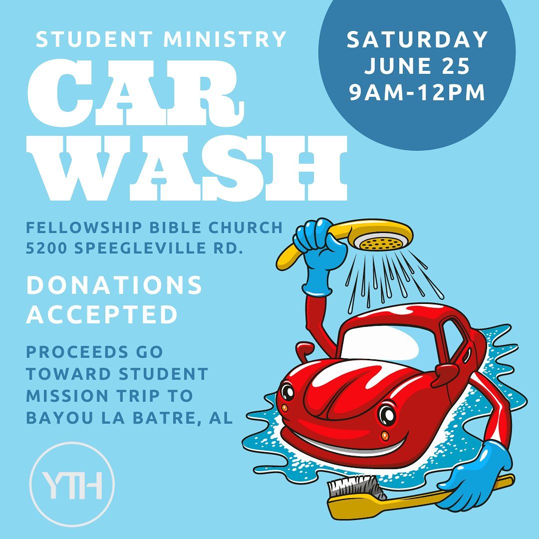 Come out to the church tomorrow morning to support our Student Ministry and get your car washed! Students will be washing cars from 9am-12pm. All proceeds will go toward the student mission trip to Bayou La Batre, Alabama.