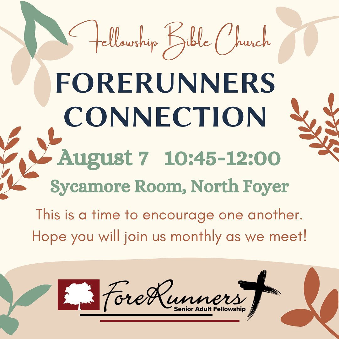 The ForeRunners Senior Adult Ministry will meet this Sunday at 10:45am in the Sycamore Room. We hope you’ll join us for our monthly meeting! Check out our website for more information: https://fellowshipwaco.org/senior-adults/