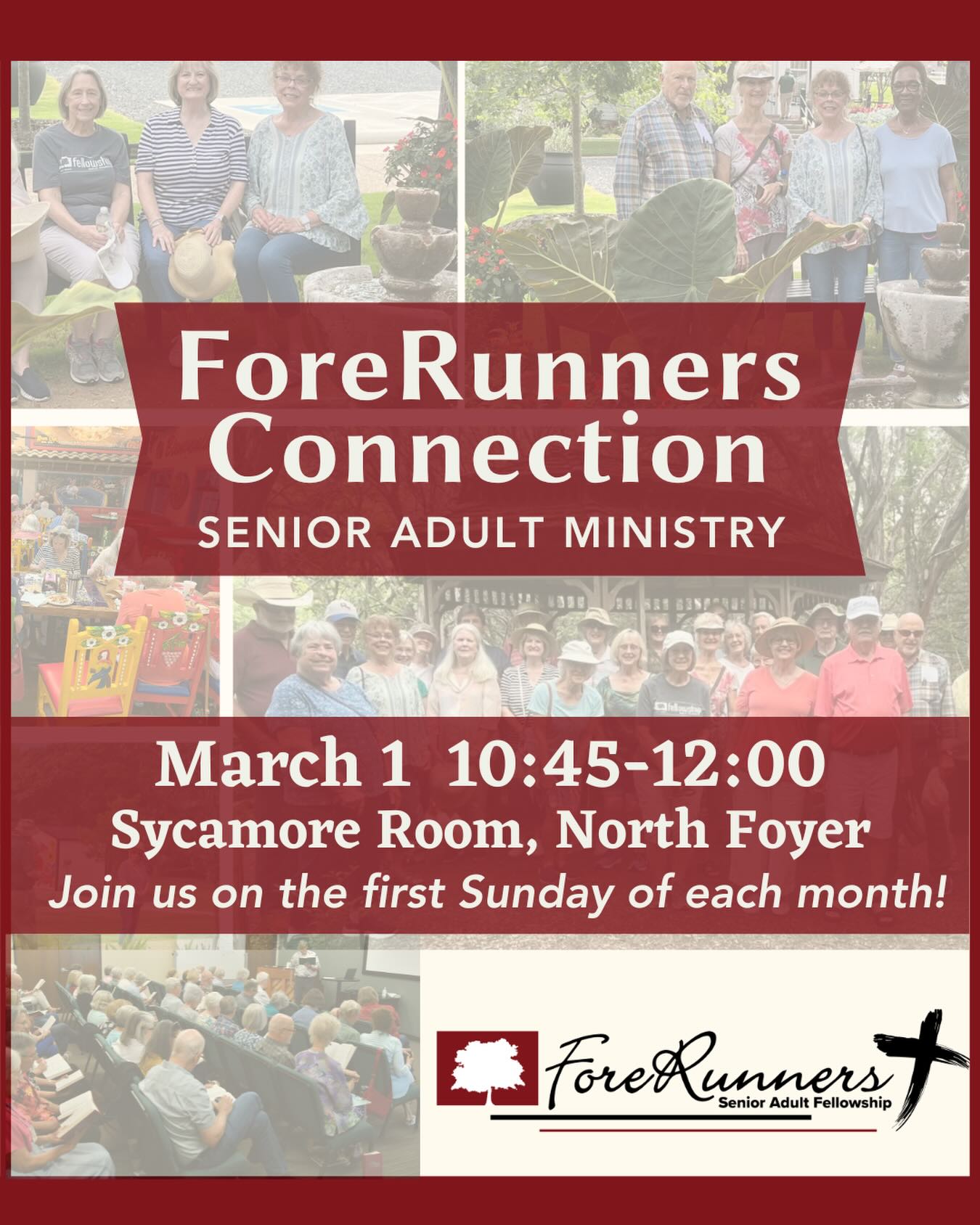 The ForeRunners Senior Adult Ministry will meet tomorrow morning, March 1, at 10:45am in the Sycamore Room. We would love for anyone age 55 and older to join us! For more information about our ForeRunners Ministry, visit our website at https://fellowshipwaco.org/senior-adults/.