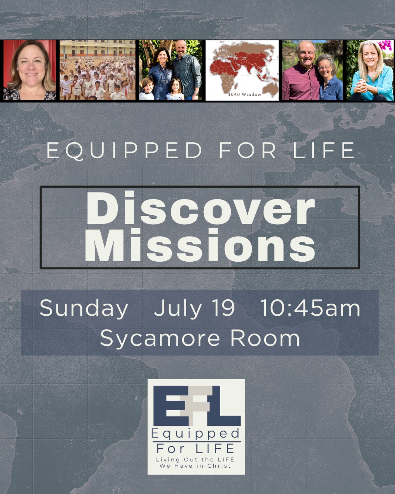 The monthly Equipped for LIFE class will take place this Sunday, July 19, at 10:45am in the Sycamore Room. We will be kicking off our new “Discover” series with “Discover: Missions”. In this class you will learn more about what missions at Fellowship looks like from our Missions Team leaders. We’ll walk through our missions philosophy and you’ll also hear about our existing missionary partnerships. We will also introduce a missions map for developing future missionary partnerships at Fellowship. We would love for you to join us—you may even identify next steps for yourself in missions! There is no registration required. See you Sunday!