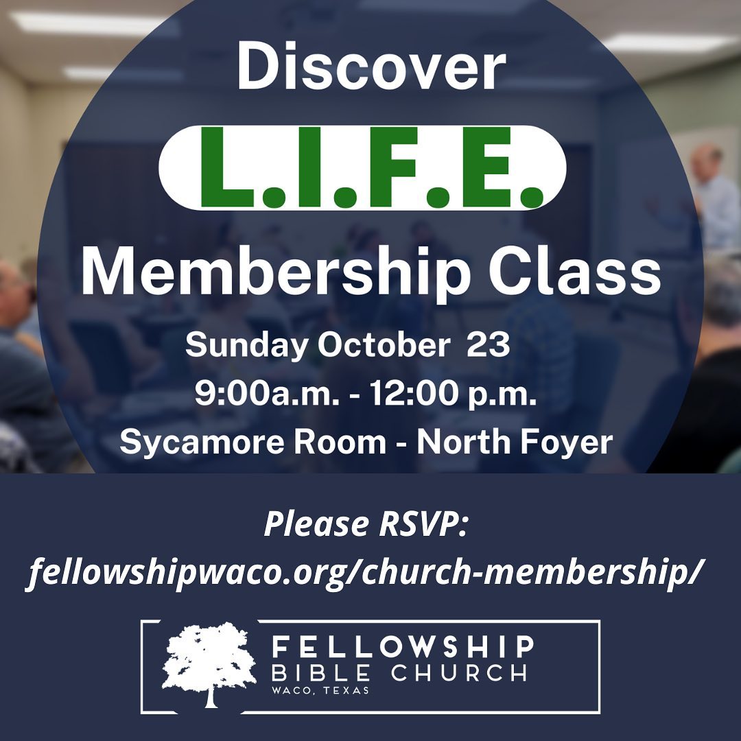 Want to find out what Fellowship is all about? Are you ready to take the next step of membership? Sign up for our Discover LIFE class taking place on Sunday, October 23 at 9:00am! Meet our pastors and ministry leaders and learn what we believe, our mission and vision. Please register on our website: fellowshipwaco.org/church-membership.