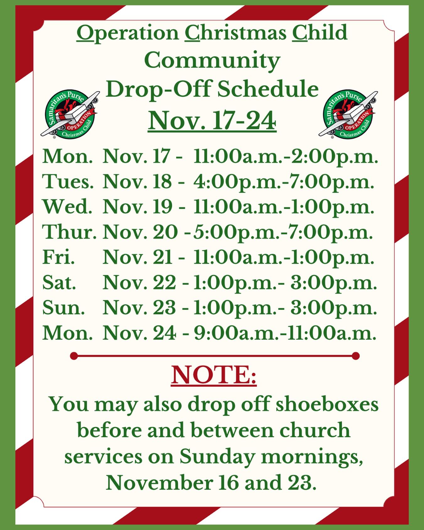 Thank you to everyone who has filled shoeboxes for Operation Christmas Child! Collection week begins this Sunday, November 16!
Fellowship is a Community Drop-off Site. Please return filled boxes to the church during the drop-off hours shown here, or bring them to church with you on Sunday morning, November 16 or 23. The final day for collections is Monday, November 24.