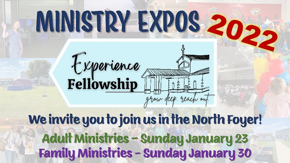 This Sunday is our Adult Ministries Expo! Come to the North Foyer between and after services to meet Ministry Leaders and find out all you need to know about Men’s, Women’s, Senior Adult, College, Care and Hospitality Ministries, LIFE Groups and more! We look forward to seeing you!