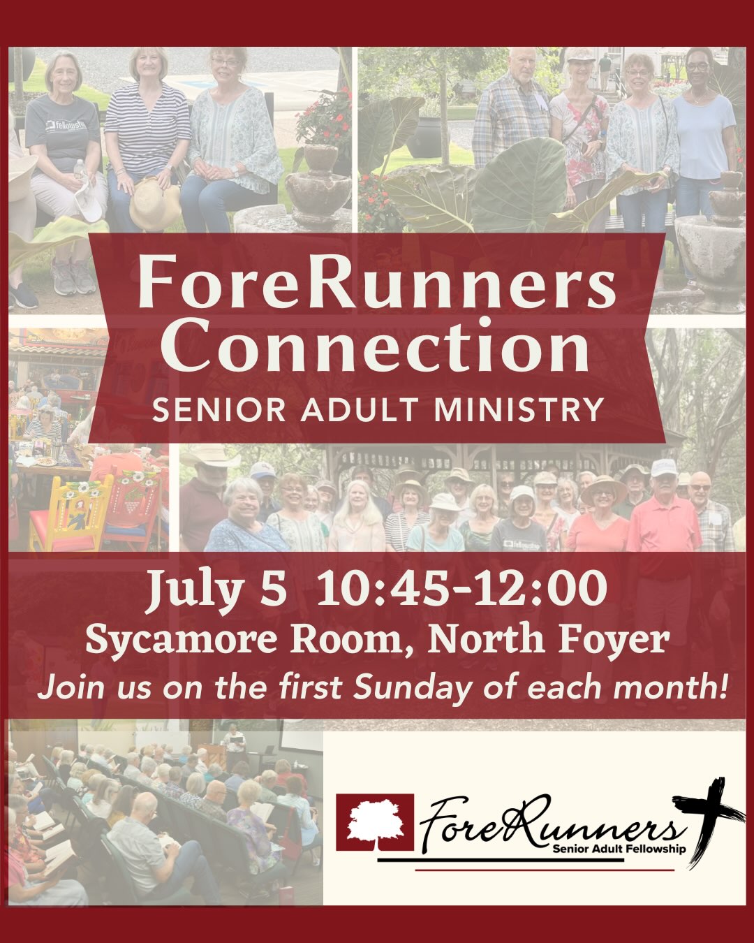 The ForeRunners Senior Adult Ministry will meet this Sunday morning, July 5, at 10:45am in the Sycamore Room. We would love for anyone age 55 and older to join us!
