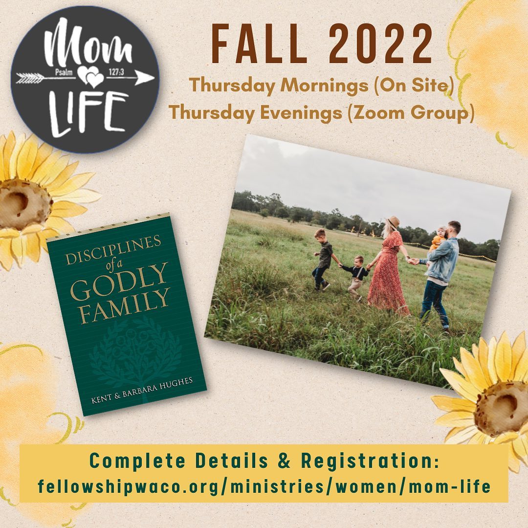 MomLIFE meets tomorrow! Connect with moms of all ages and stages for fellowship, encouragement and support as you grow in Christ! Join our on-site morning group at 9:30am (cafe opens at 9am!) or our evening Zoom group at 7:30pm. Get all the details and sign up here: https://fellowshipwaco.org/ministries/women/mom-life/. We’d love for you to join us!