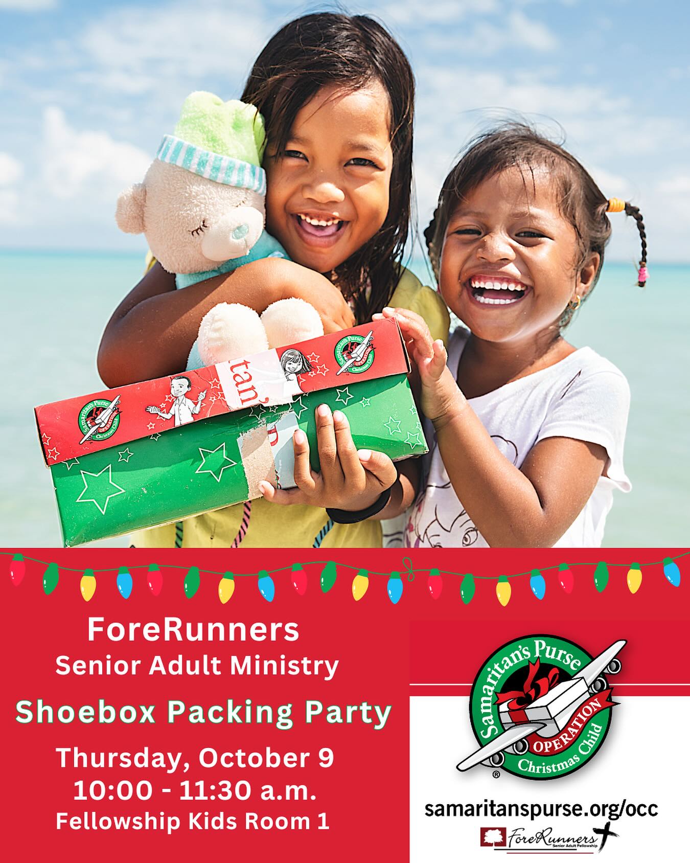 The ForeRunners Senior Adult Ministry will meet this Thursday, October 9, at 10:00am to pack shoeboxes for Operation Christmas Child. OCC provides local partners around the world with shoeboxes filled with small toys, hygiene items, and school supplies as a means of reaching out to children with the Good News of Jesus Christ. Senior adults, we hope you’ll join us for a morning of fellowship and fun for a great cause!