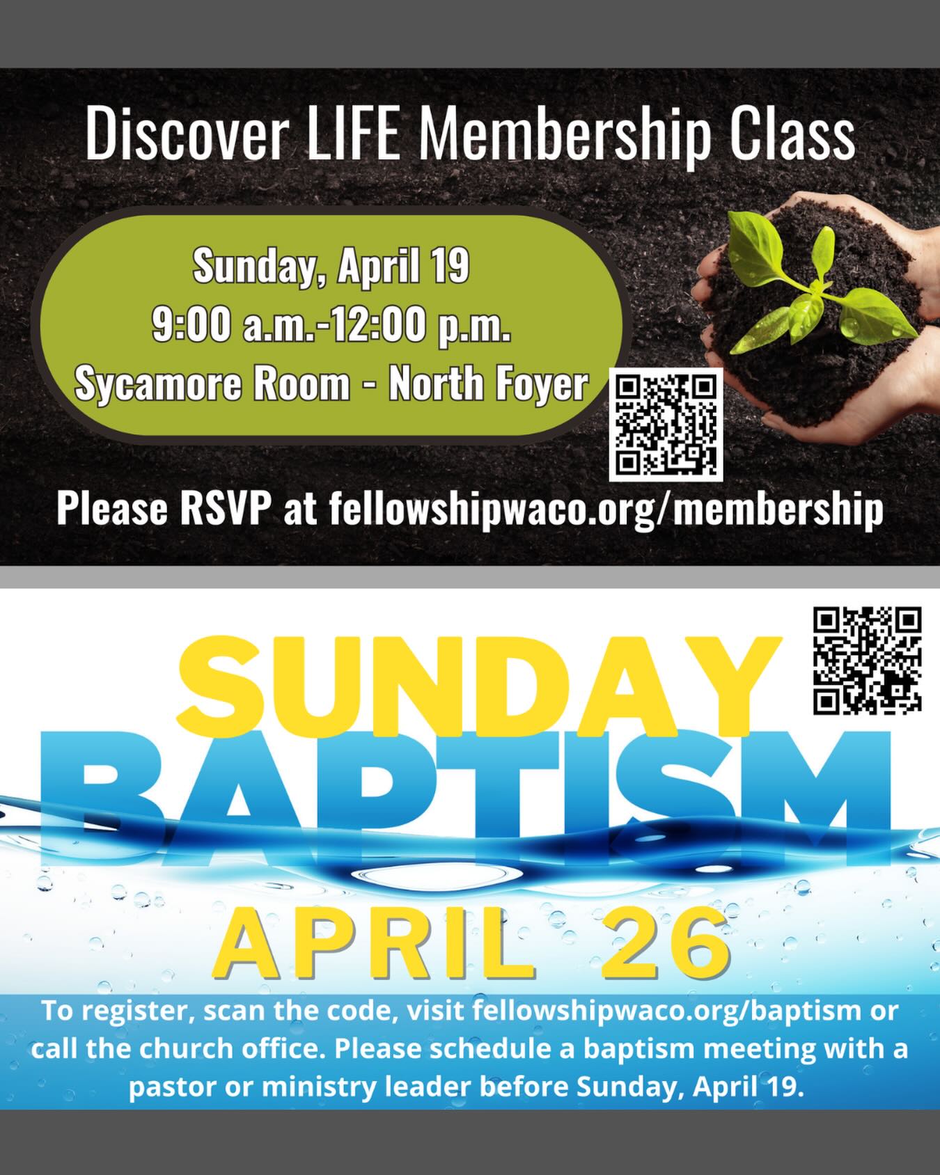 Reminder: we’ve got two important events coming up soon: the Discover LIFE Membership Class on Sunday, April 19, and Baptisms on Sunday, April 26.  If you’re interested in finding out more about Fellowship Bible Church, join us on Sunday, April 19, from 9:00 a.m.- 12:00 p.m. as we discover LIFE together! Learn from our pastors about what we believe, our mission and vision, and how you can partner with us to help grow deep and reach out. You can register and find more information on our website at: https://fellowshipwaco.org/membership/. Our next Baptism Services will take place on Sunday, April 26. If you are ready to take the step of believer’s baptism and would like to be baptized, please call the church office at 254-848-7200 or submit the form on our website to schedule your baptism meeting with a Pastor or Ministry Leader before Sunday, April 19. If you’d like to learn more about baptism or to access our Children’s Baptism Workbook, please visit the Baptism page on our website, https://fellowshipwaco.org/baptism/. Please call the church office at 254-848-7200 if you have any questions.