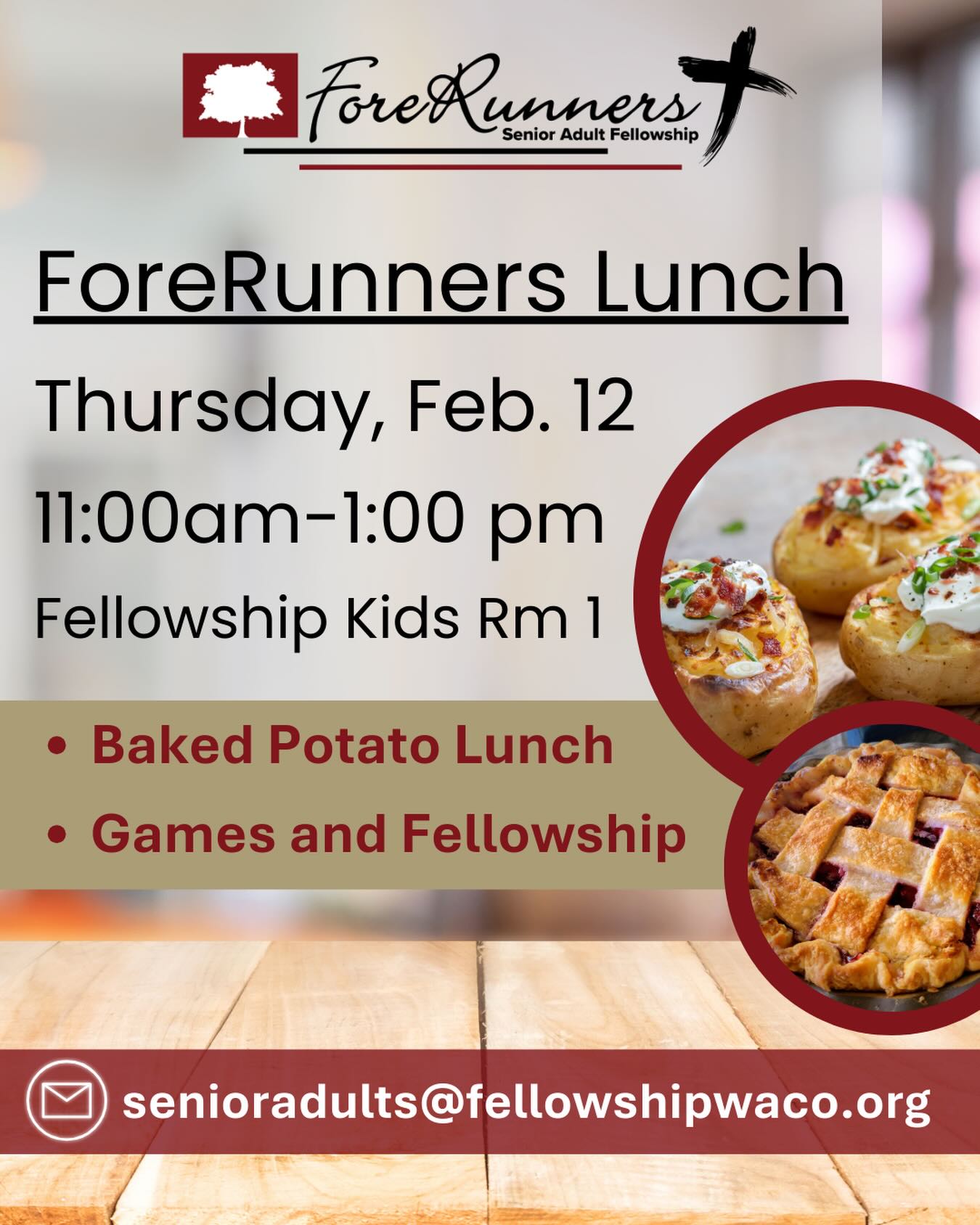 Senior adults, come fellowship with the ForeRunners this Thursday, February 12, at 11:00 a.m. We’ll be meeting in Fellowship Kids Room 1 for a baked potato lunch! We’d love for you to join us! Please RSVP by email: senioradults@fellowshipwaco.org.