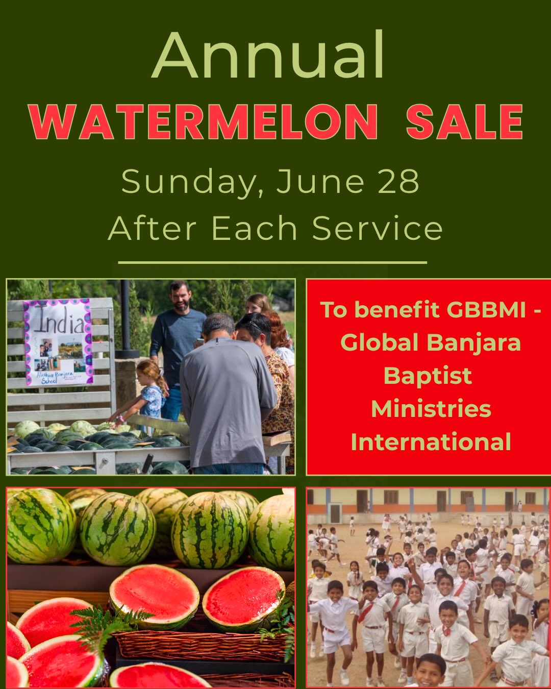 The annual watermelon sale for GBBMI is coming up this Sunday, June 28! You have the opportunity to support one of the great missionary organizations we
partner with here at Fellowship, GBBMI - Global Banjara Baptist
Ministries International. GBBMI is a ministry that reaches out to the Banjara people, an unreached people group in India, through church planting and a Christian school serving over 150 children. Watermelons will be sold in the parking lot atter each service. All proceeds will go to GBBMI. For more information about GBBMI, visit the Missionaries page on our website: https://fellowshipwaco.org/missionaries/.