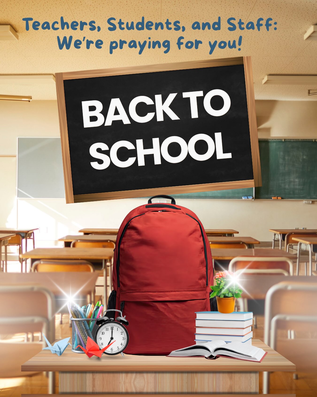 As a new school year begins, we lift up every student, teacher, administrator, and staff member in prayer. Father, please guide them, strengthen them, and fill their hearts with peace and purpose.
Give students the courage to face new challenges, the wisdom to make good choices, and the perseverance to keep going when things become difficult. Help them be kind to one another, stand up for those who feel alone, and grow not only in knowledge but also in character. Bless every teacher with patience, creativity, energy, and compassion. Give them wisdom as they teach and remind them that the work they do makes a lasting difference.
Please watch over our schools and keep everyone safe. May this school year be filled with opportunities to learn, grow, serve, and make a positive difference in the lives of others.
We place this new school year in Your hands and ask for Your guidance and blessing each day. We pray in Jesus’ name, Amen.