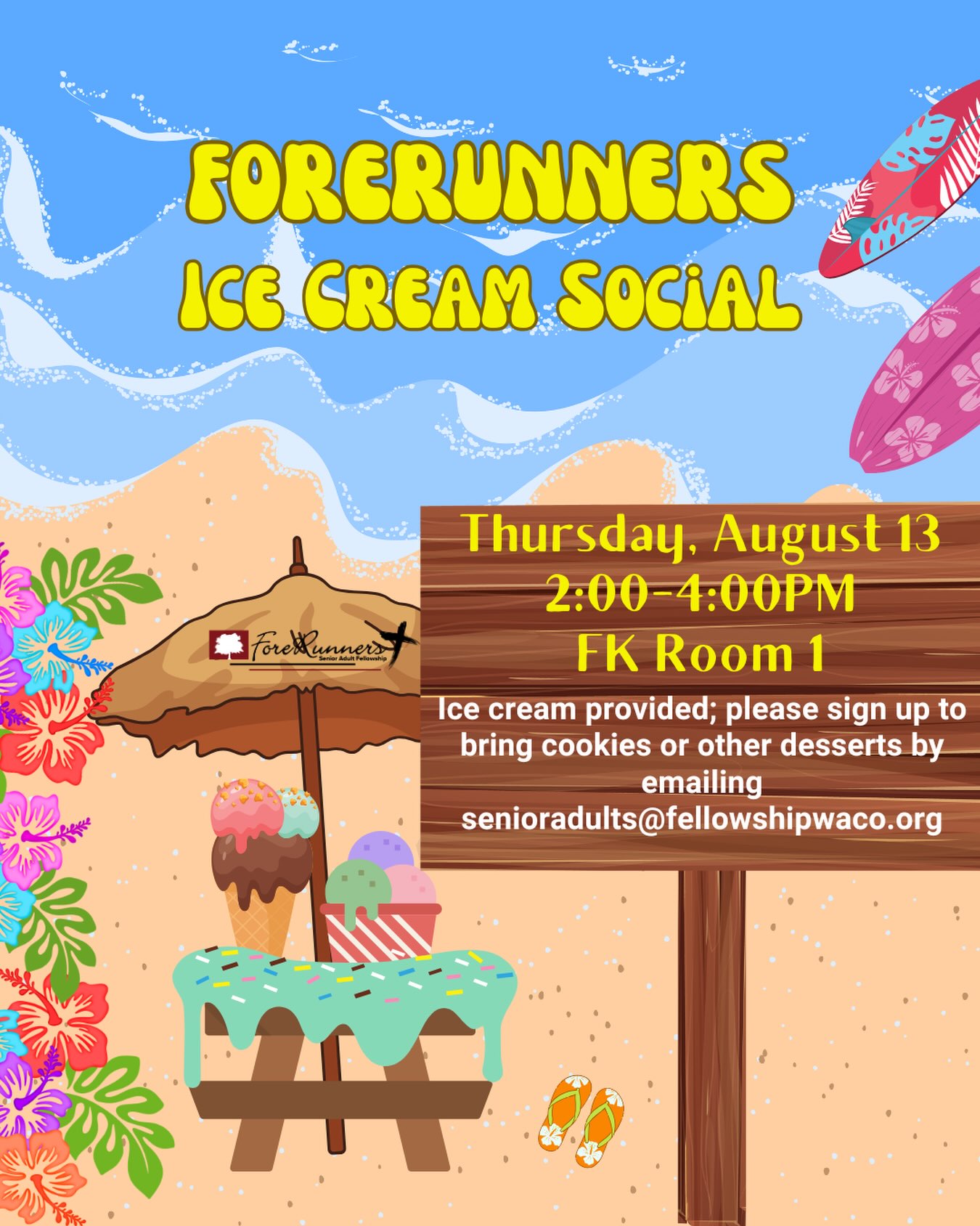 Senior adults (ages 55+), please join us for an ice cream social this Thursday, August 13, from 2:00-4:00pm! We’ll enjoy ice cream, a fun time of fellowship and music from the Waco Ukulele Group! If you have any questions about the ForeRunners Senior Adult Ministry, please visit our website at https://fellowshipwaco.org/senior-adults/ or email senioradults@fellowshipwaco.org.